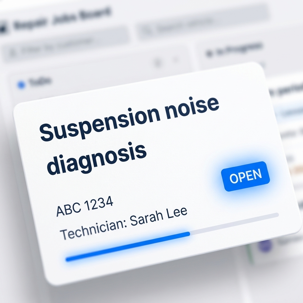 Close-up of a repair job card on the board — job title, plate number, assigned technician, status and progress bar